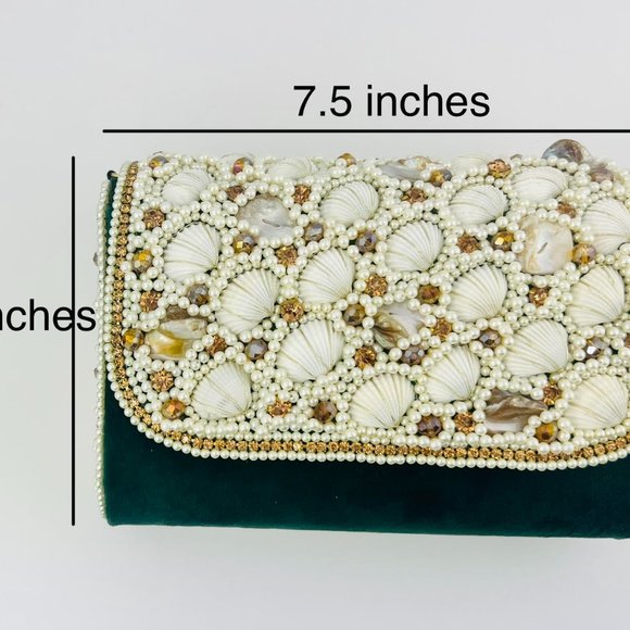 Women Summer Seashells Suede CZ Stones Clutch Bag Purse Wrist Crossbody Strap - Picture 6 of 7